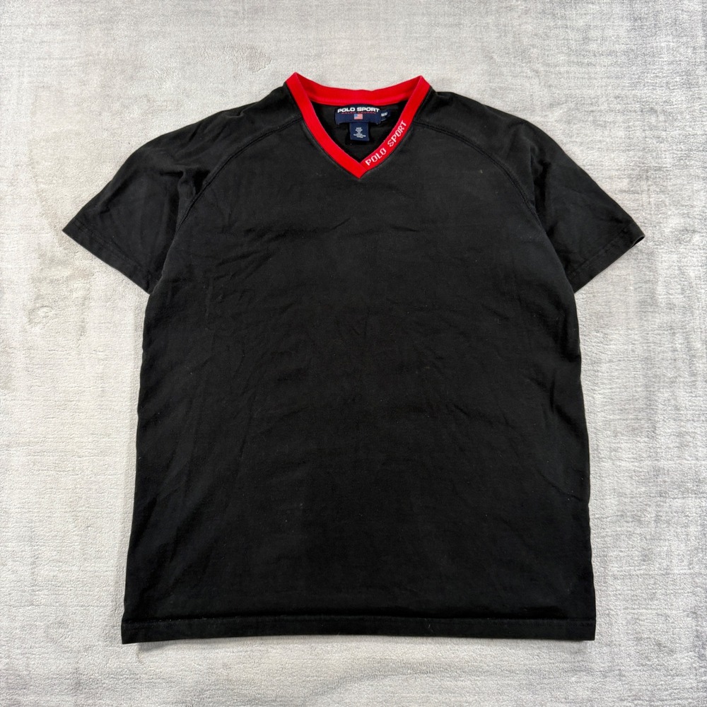 VTG Polo Sport Ralph Lauren Shirt Mens Medium Black Red V Neck Embroidered 90s